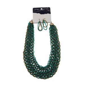 Turquoise Gold Braided Seed Bead Statement Necklace Earring Set FN7087-GD-TQ
